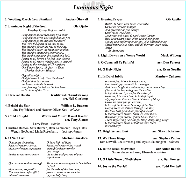 Song List for A Luminous Night of Carols and Song